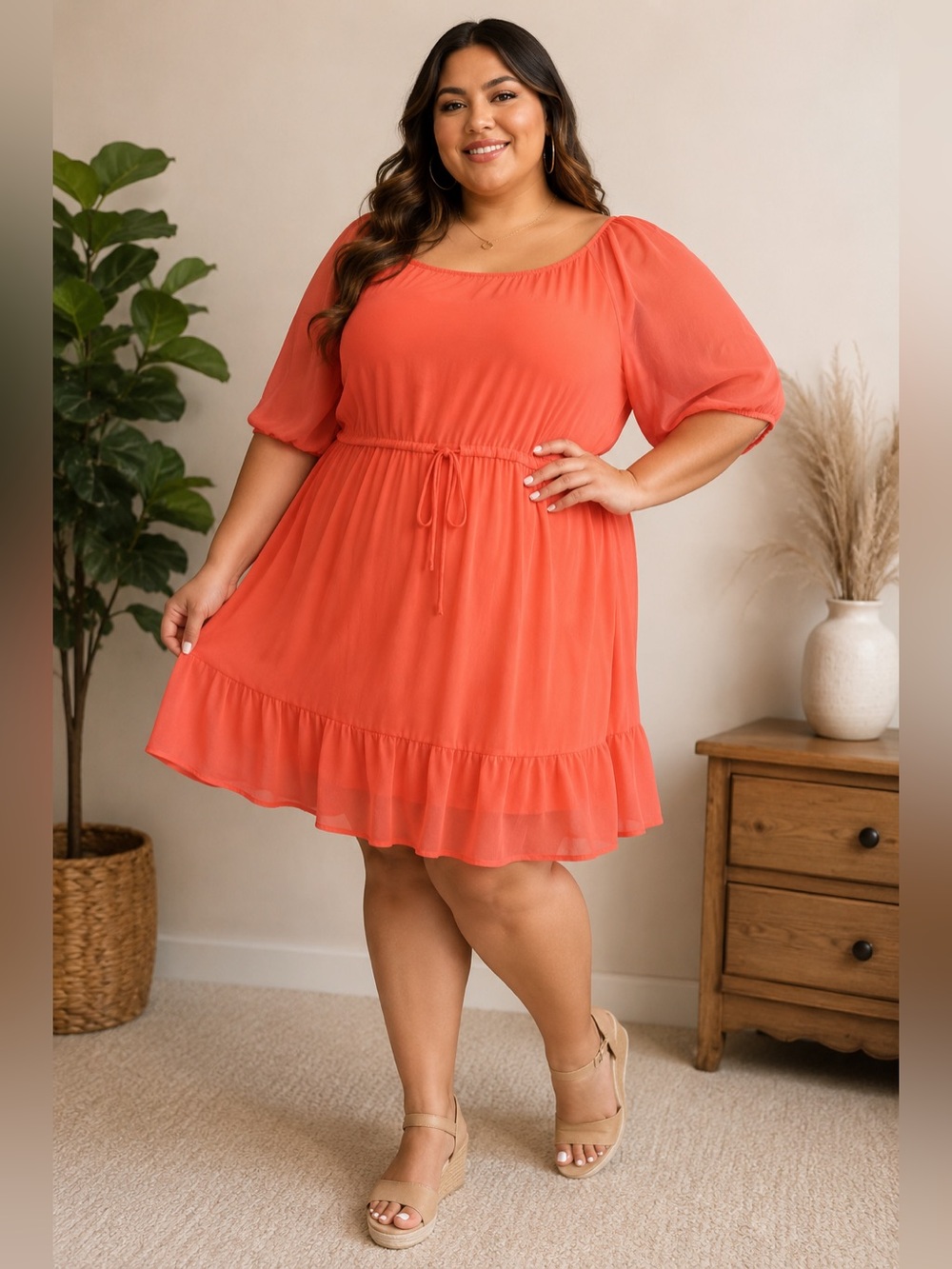 Enfocus Studio Coral Orange Drawstring Waist Ruffle Mini Dress